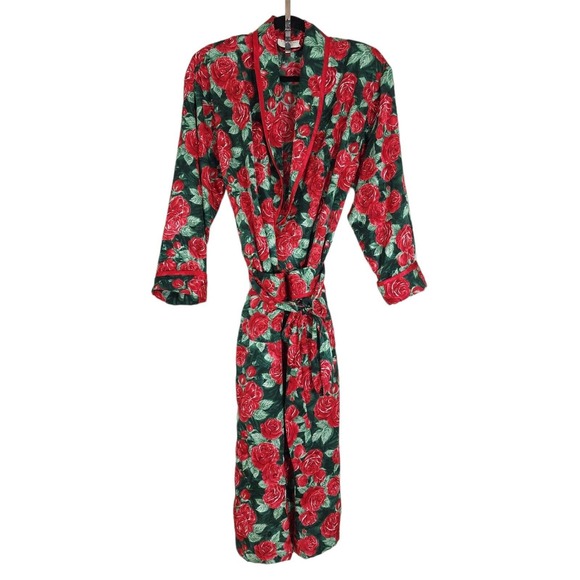Victoria's Secret Other - Victorias Secret Womens Robe Vtg 80s Gold Label Red Green Floral Satin Long Sz S